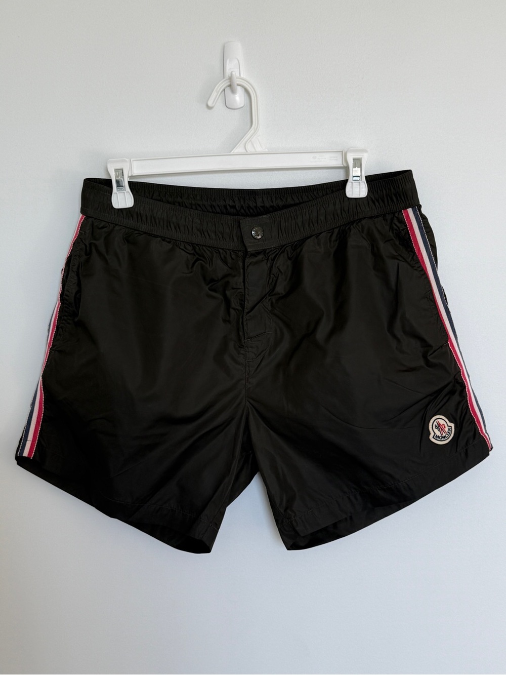 Moncler Olive Swim Shorts with Red, White & Blue Side Stripes
